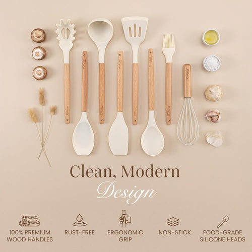 Kitchen Utensils Set – Silicone with Wooden Handle (35PCS, Cream)