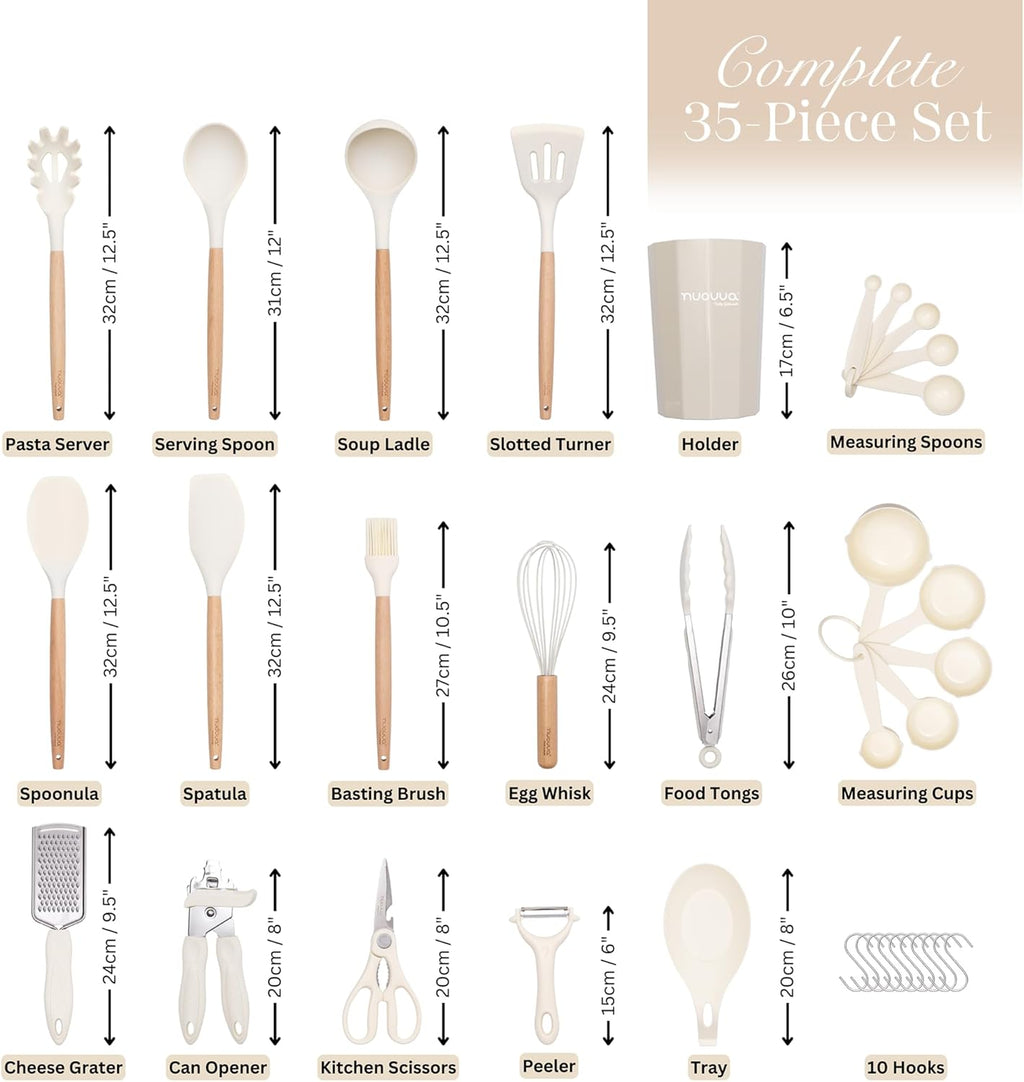 Kitchen Utensils Set – Silicone with Wooden Handle (35PCS, Cream)