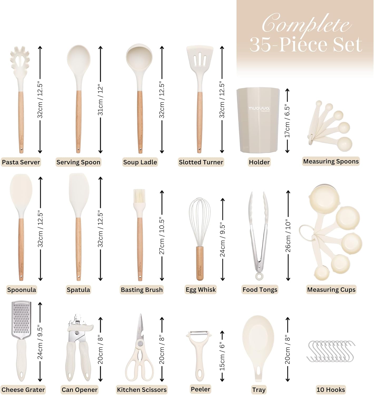 Kitchen Utensils Set – Silicone with Wooden Handle (35PCS, Cream)