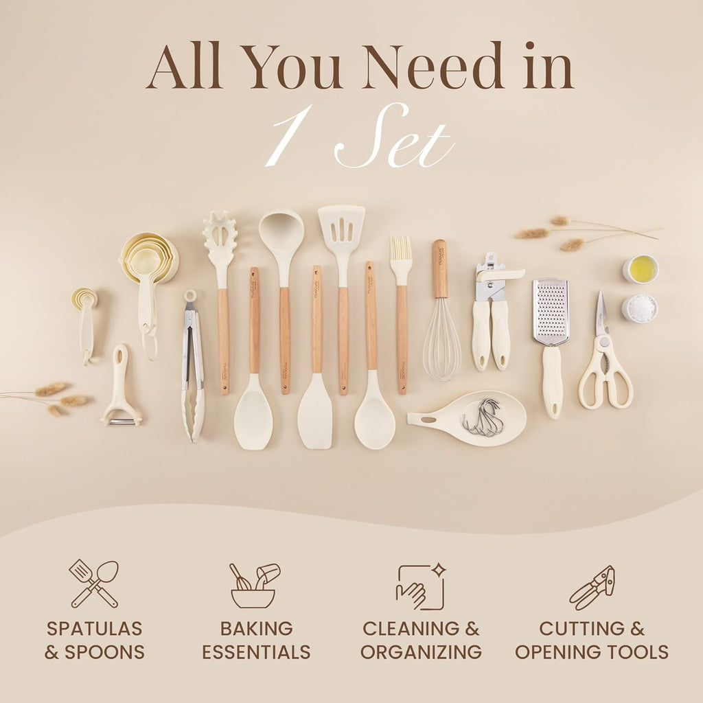 Kitchen Utensils Set – Silicone with Wooden Handle (35PCS, Cream)