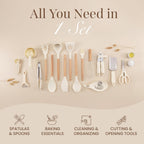 Kitchen Utensils Set – Silicone with Wooden Handle (35PCS, Cream)