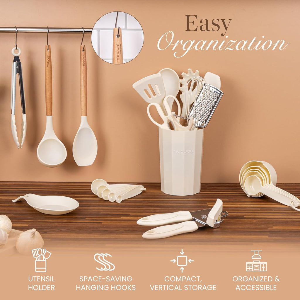 Kitchen Utensils Set – Silicone with Wooden Handle (35PCS, Cream)