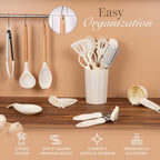 Kitchen Utensils Set – Silicone with Wooden Handle (35PCS, Cream)