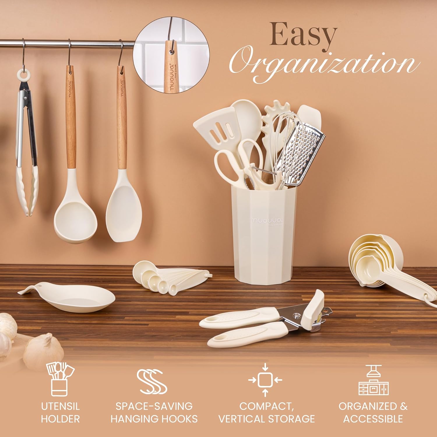 Kitchen Utensils Set – Silicone with Wooden Handle (35PCS, Cream)