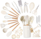 Kitchen Utensils Set – Silicone with Wooden Handle (35PCS, Cream)