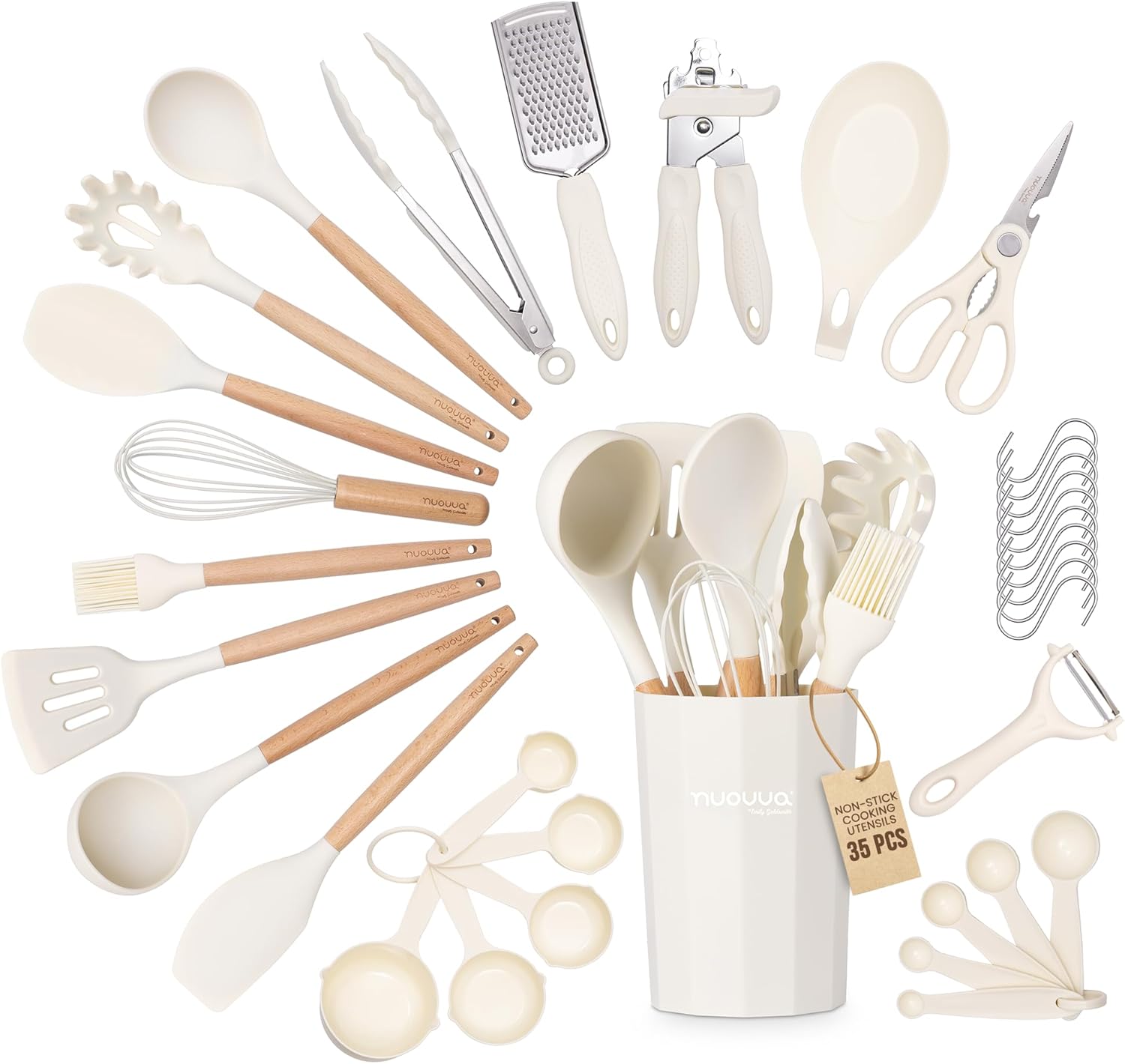Kitchen Utensils Set – Silicone with Wooden Handle (35PCS, Cream)