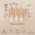 Kitchen Utensils Set – Silicone with Wooden Handle (35PCS, Cream)
