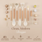 Kitchen Utensils Set – Silicone with Wooden Handle (35PCS, Cream)