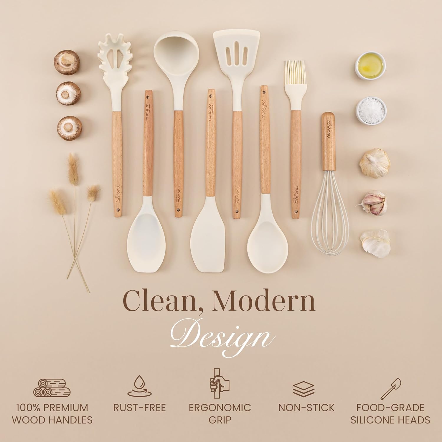 Kitchen Utensils Set – Silicone with Wooden Handle (35PCS, Cream)