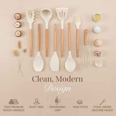 Kitchen Utensils Set – Silicone with Wooden Handle (35PCS, Cream)